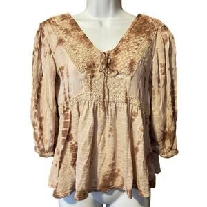 Beige Peasant Blouse with Smocked Yoke